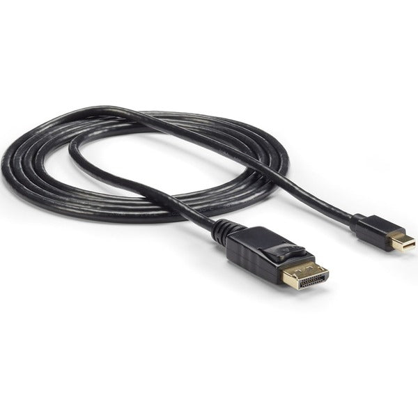 A black StarTech.com 10ft (3m) Mini DisplayPort to DisplayPort 1.2 Cable, 4K x 2K mDP to DisplayPort Adapter Cable, Mini DP to DP Cable.