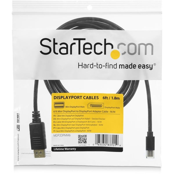A black StarTech.com 10ft (3m) Mini DisplayPort to DisplayPort 1.2 Cable, 4K x 2K mDP to DisplayPort Adapter Cable, Mini DP to DP Cable.