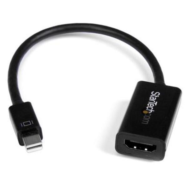 A black StarTech.com Mini DisplayPort to HDMI 4K Audio / Video Converter - mDP 1.2 to HDMI Active Adapter for UltraBook / Laptop - 4K @ 30 Hz - Black.
