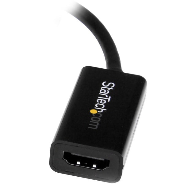 A black StarTech.com Mini DisplayPort to HDMI 4K Audio / Video Converter - mDP 1.2 to HDMI Active Adapter for UltraBook / Laptop - 4K @ 30 Hz - Black.