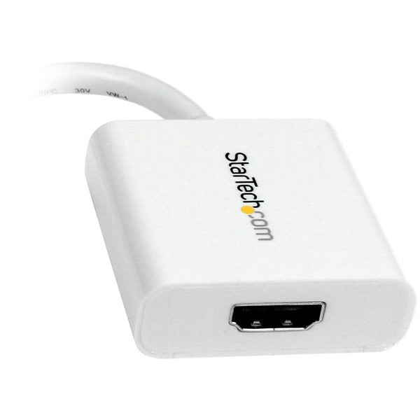 A white StarTech.com Mini DisplayPort to HDMI Video Adapter Converter.