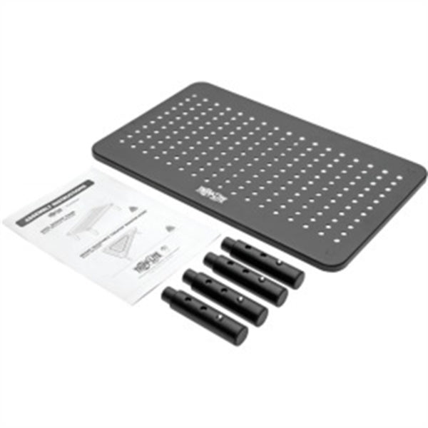 A Tripp Lite Monitor Riser Stand Desktop Metal Height Adjustable Black 14 x 9in with a set of tools on it.