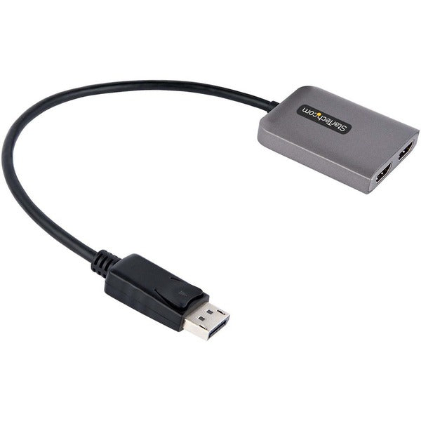 StarTech.com DP to Dual HDMI MST HUB, Dual HDMI 4K 60Hz, 2 Port DisplayPort Multi Monitor Adapter with 1ft/30cm Cable, DP 1.4 | DSC | HBR3 logo on a white background.