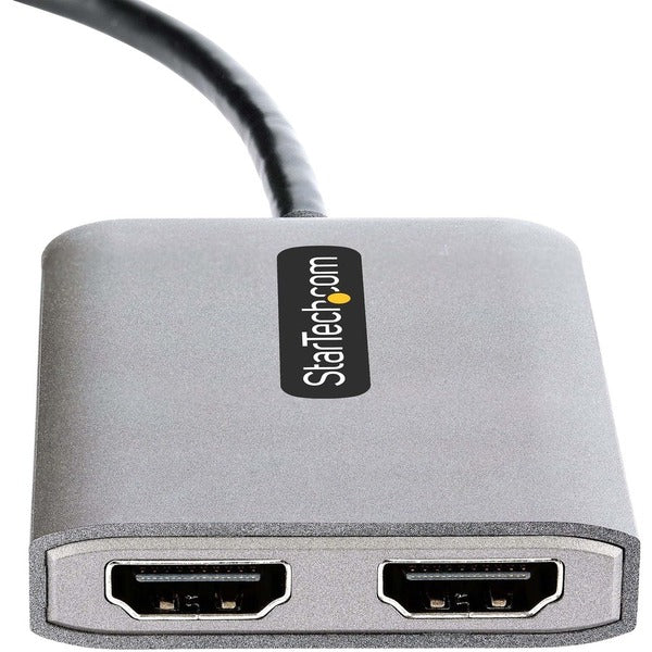 StarTech.com DP to Dual HDMI MST HUB, Dual HDMI 4K 60Hz, 2 Port DisplayPort Multi Monitor Adapter with 1ft/30cm Cable, DP 1.4 | DSC | HBR3 logo on a white background.