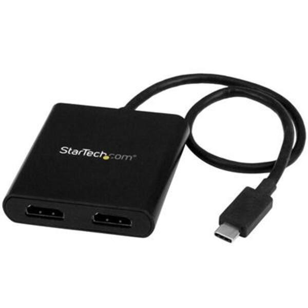 A StarTech.com 2-Port Multi Monitor Adapter - USB-C to HDMI Video Splitter - USB Type-C to HDMI MST Hub - Thunderbolt 3 Compatible - Windows on a white background.