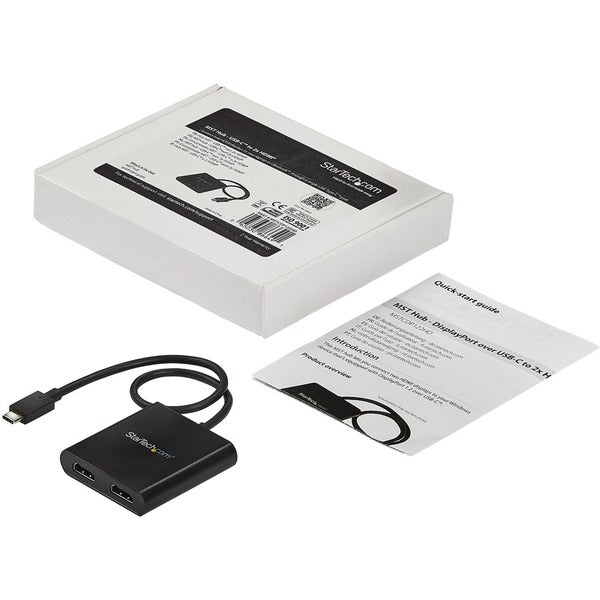 A StarTech.com 2-Port Multi Monitor Adapter - USB-C to HDMI Video Splitter - USB Type-C to HDMI MST Hub - Thunderbolt 3 Compatible - Windows on a white background.