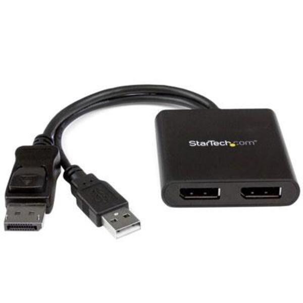 A black StarTech.com 2-Port Multi Monitor Adapter, DisplayPort 1.2 MST Hub, Dual 4K 30Hz, Video Splitter for Extended Desktop Mode, Windows Only on a white background.