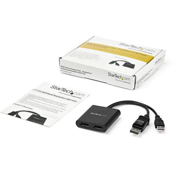 A black StarTech.com 2-Port Multi Monitor Adapter, DisplayPort 1.2 MST Hub, Dual 4K 30Hz, Video Splitter for Extended Desktop Mode, Windows Only on a white background.