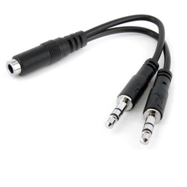 A pair of StarTech.com 3.5mm 4 Position to 2x 3 Position 3.5mm Headset Splitter Adapter - F/M cables on a white background.
