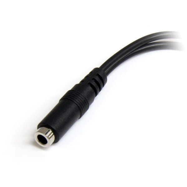 A pair of StarTech.com 3.5mm 4 Position to 2x 3 Position 3.5mm Headset Splitter Adapter - F/M cables on a white background.