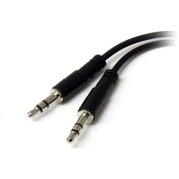 A pair of StarTech.com 3.5mm 4 Position to 2x 3 Position 3.5mm Headset Splitter Adapter - F/M cables on a white background.