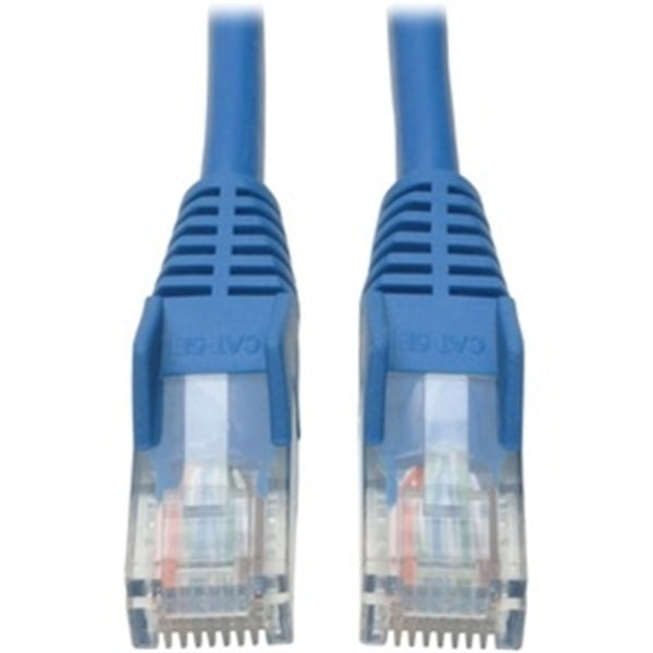 A pair of Tripp Lite 100ft Cat5e Cat5 Snagless Molded Patch Cables RJ45 M/M Blue 100' on a white background.