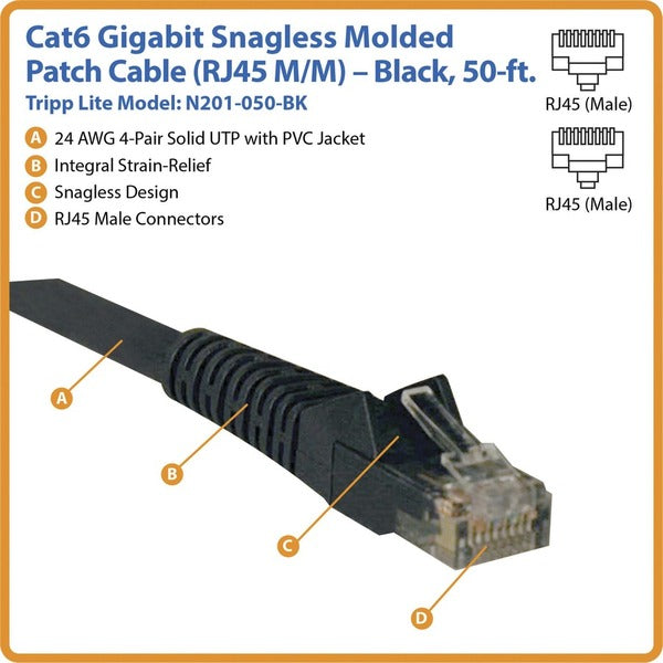 A Tripp Lite 50ft Cat6 Gigabit Snagless Molded Patch Cable RJ45 M/M Black 50' on a white background.
