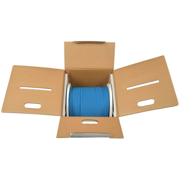 A Tripp Lite 1000ft Cat6 550MHz Gigabit Bulk Solid PVC CMR Cable Blue 1000' in a cardboard box.