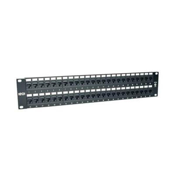 A Tripp Lite 48-Port Cat6 Cat5 Patch Panel Rackmount 110 Punch Down RJ45 Ethernet 1URM 568B on a white background.