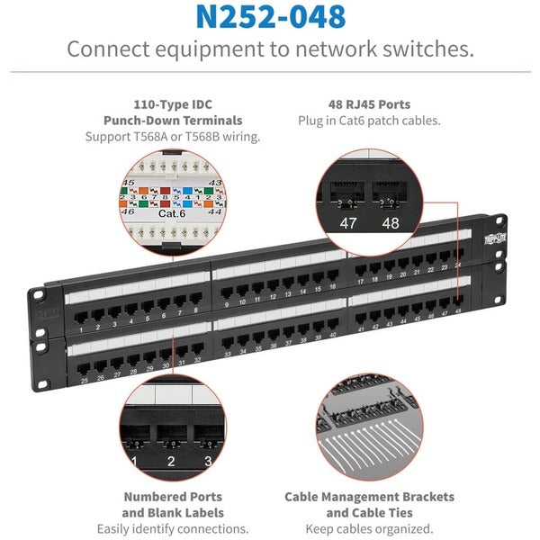 A Tripp Lite 48-Port Cat6 Cat5 Patch Panel Rackmount 110 Punch Down RJ45 Ethernet 1URM 568B on a white background.