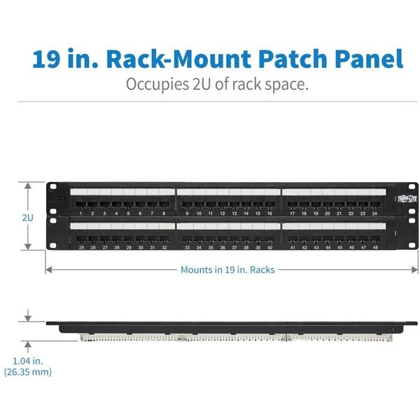 A Tripp Lite 48-Port Cat6 Cat5 Patch Panel Rackmount 110 Punch Down RJ45 Ethernet 1URM 568B on a white background.