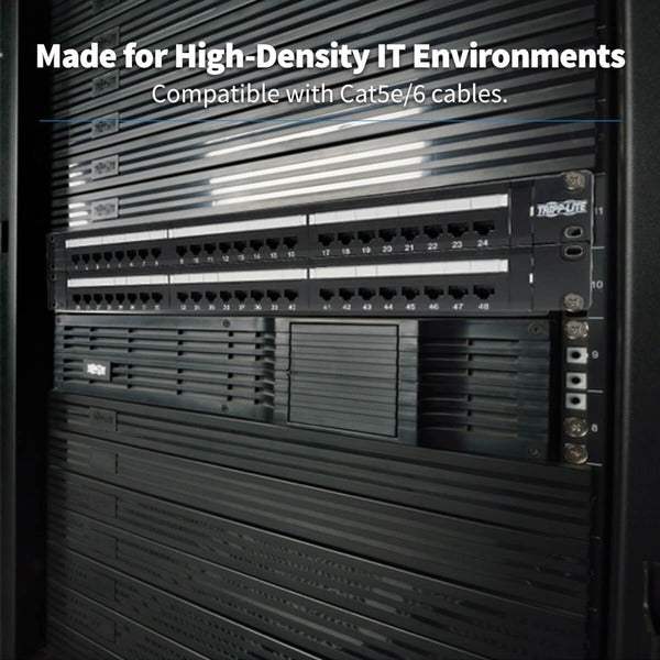 A Tripp Lite 48-Port Cat6 Cat5 Patch Panel Rackmount 110 Punch Down RJ45 Ethernet 1URM 568B on a white background.