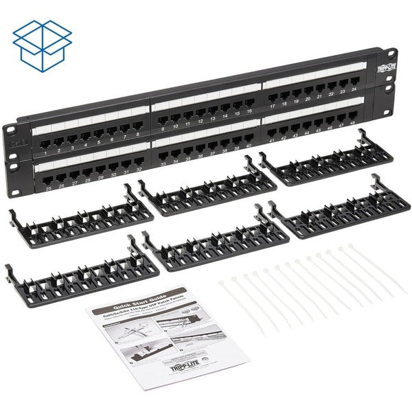 A Tripp Lite 48-Port Cat6 Cat5 Patch Panel Rackmount 110 Punch Down RJ45 Ethernet 1URM 568B on a white background.