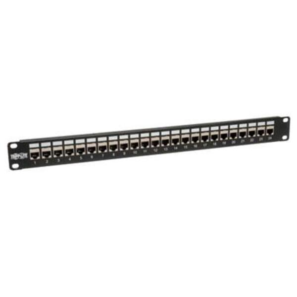 A Tripp Lite 24-Port Shielded Cat6 Patch Panel Feed Through Rackmount RJ45 1URM TAA for RJ45 Ethernet connections on a white background.