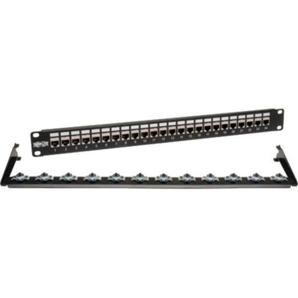 A Tripp Lite 24-Port Shielded Cat6 Patch Panel Feed Through Rackmount RJ45 1URM TAA for RJ45 Ethernet connections on a white background.
