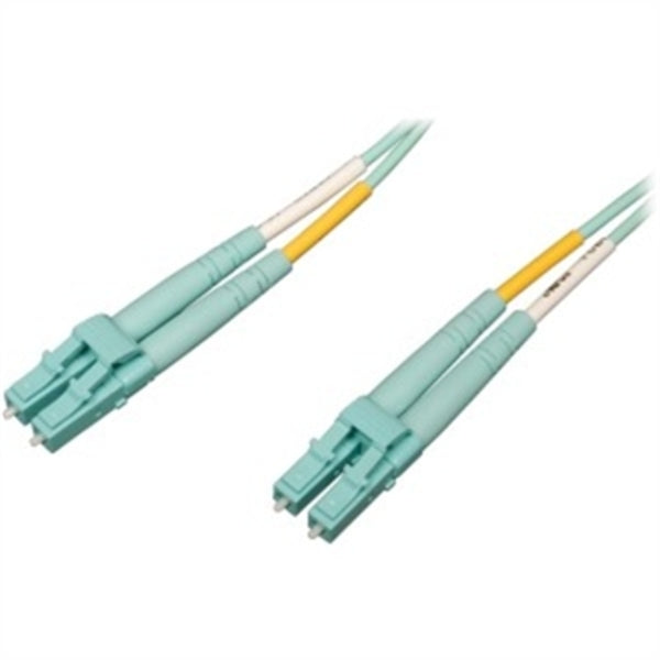 A pair of Tripp Lite 10Gb/100Gb Duplex Multimode 50/125 OM4 fiber optic patch cables.