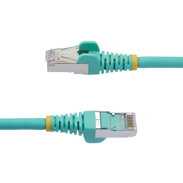 A pair of StarTech.com 3ft CAT6a Ethernet Cables, Aqua Low Smoke Zero Halogen (LSZH) 10 GbE 100W PoE S/FTP Snagless RJ-45 Network Patch Cords in turquoise.