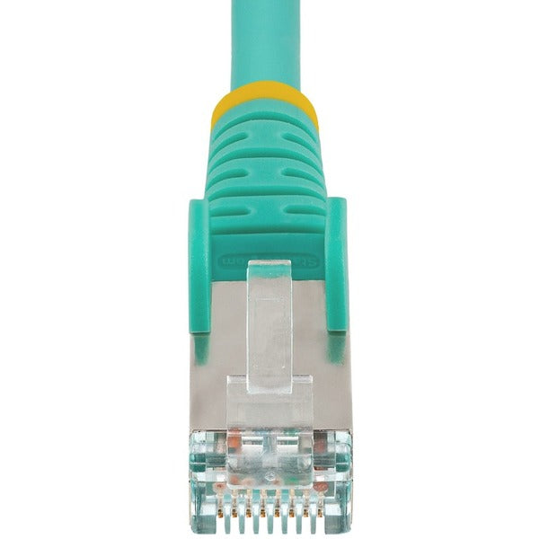 A pair of StarTech.com 3ft CAT6a Ethernet Cables, Aqua Low Smoke Zero Halogen (LSZH) 10 GbE 100W PoE S/FTP Snagless RJ-45 Network Patch Cords in turquoise.