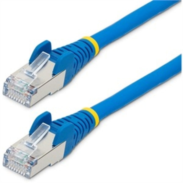 A pair of StarTech.com 25ft CAT6a Ethernet Cables, Blue Low Smoke Zero Halogen (LSZH) 10 GbE 100W PoE S/FTP Snagless RJ-45 Network Patch Cords on a white background.