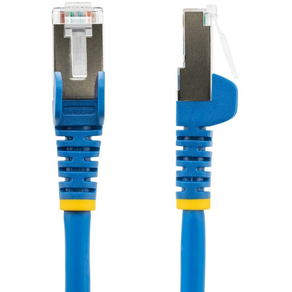 A pair of StarTech.com 3ft CAT6a Ethernet Cables, Blue Low Smoke Zero Halogen (LSZH) 10 GbE 100W PoE S/FTP Snagless RJ-45 Network Patch Cords on a white background.