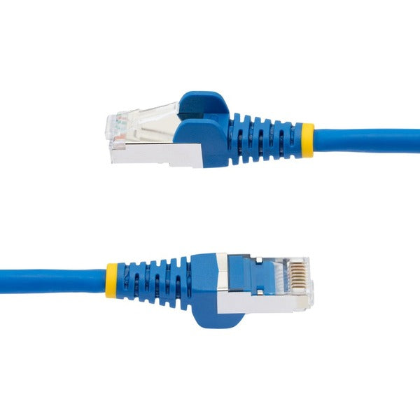A pair of StarTech.com 3ft CAT6a Ethernet Cables, Blue Low Smoke Zero Halogen (LSZH) 10 GbE 100W PoE S/FTP Snagless RJ-45 Network Patch Cords on a white background.