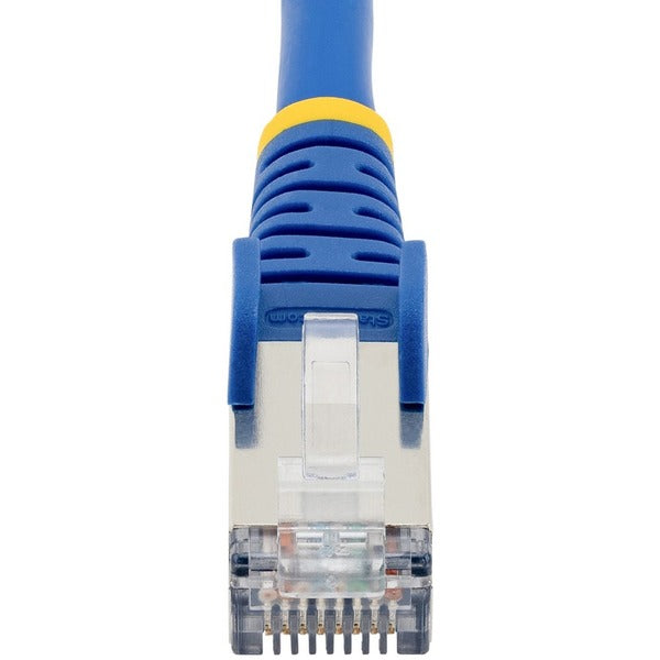 A pair of StarTech.com 3ft CAT6a Ethernet Cables, Blue Low Smoke Zero Halogen (LSZH) 10 GbE 100W PoE S/FTP Snagless RJ-45 Network Patch Cords on a white background.