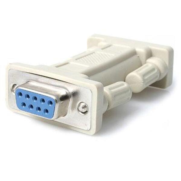 A StarTech.com DB9 RS232 Serial Null Modem Adapter - F/F on a white background.