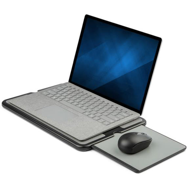 A black and silver StarTech.com Lap Desk - For 13" / 15" Laptops - Portable Notebook Lap Pad - Retractable Mouse Pad - Anti-Slip Heat-Guard Surface (NTBKPAD) on a white background.