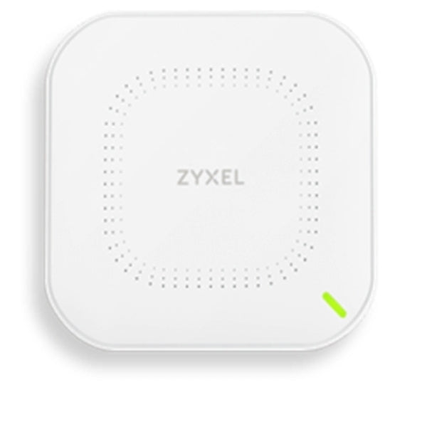 A ZYXEL NWA90AX Dual Band IEEE 802.11 a/b/g/n/ac/ax 1.73 Gbit/s wireless access point on a white background.