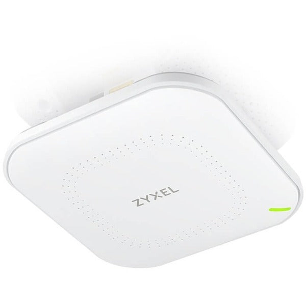 A ZYXEL NWA90AX Dual Band IEEE 802.11 a/b/g/n/ac/ax 1.73 Gbit/s wireless access point on a white background.