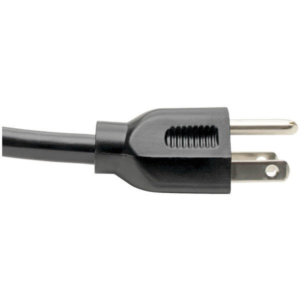 A Tripp Lite 8ft Power Cord Cable 5-15P to C15 Heavy Duty 15A 14AWG 8' with two plugs on it, featuring a black NEMA 5-15P plug and an IEC-320-C15 plug.