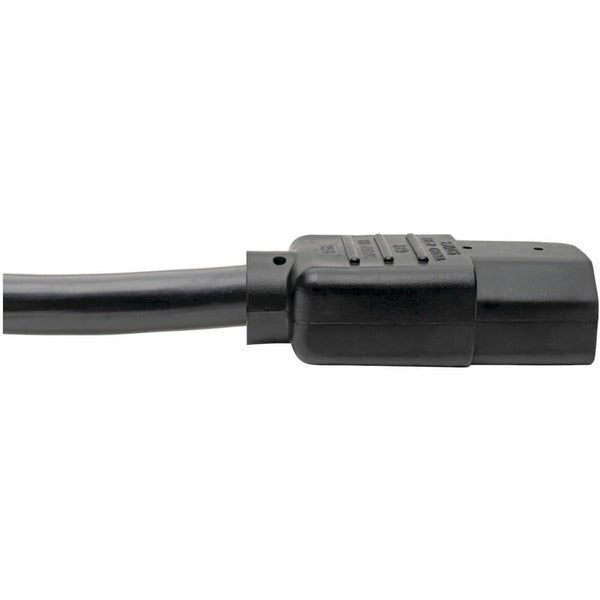 A Tripp Lite 8ft Power Cord Cable 5-15P to C15 Heavy Duty 15A 14AWG 8' with two plugs on it, featuring a black NEMA 5-15P plug and an IEC-320-C15 plug.