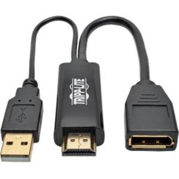 A black Tripp Lite HDMI to DisplayPort Active Converter 4Kx2K w/ USB Power M/F 6in 6" adapter with VGA connectivity option.