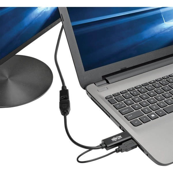 A black Tripp Lite HDMI to DisplayPort Active Converter 4Kx2K w/ USB Power M/F 6in 6" adapter with VGA connectivity option.