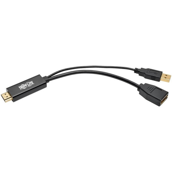A black Tripp Lite HDMI to DisplayPort Active Converter 4Kx2K w/ USB Power M/F 6in 6" adapter with VGA connectivity option.