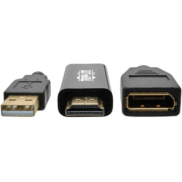 A black Tripp Lite HDMI to DisplayPort Active Converter 4Kx2K w/ USB Power M/F 6in 6" adapter with VGA connectivity option.