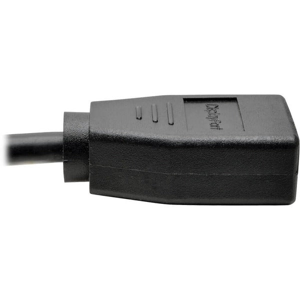A black Tripp Lite HDMI to DisplayPort Active Converter 4Kx2K w/ USB Power M/F 6in 6" adapter with VGA connectivity option.