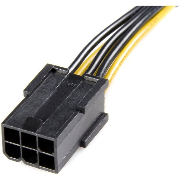 A black and yellow StarTech.com Power Adapter Cable - PCI Express - 6 Pin - 8 Pin - PCIe with a black and yellow connector.