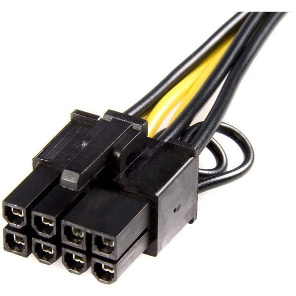 A black and yellow StarTech.com Power Adapter Cable - PCI Express - 6 Pin - 8 Pin - PCIe with a black and yellow connector.