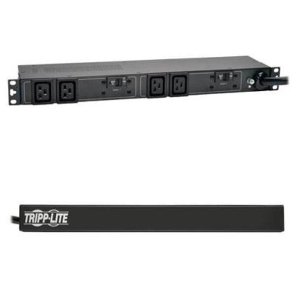 A Tripp Lite PDU Basic 208V / 240V 5/5.8kW 30A C19 4 Outlet L6-30P Horizontal 1URM with two outlets and a power strip.