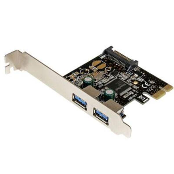 A StarTech.com 2 Port PCI Express PCIe SuperSpeed USB 3.0 Controller Card w/ SATA Power with two USB ports.
