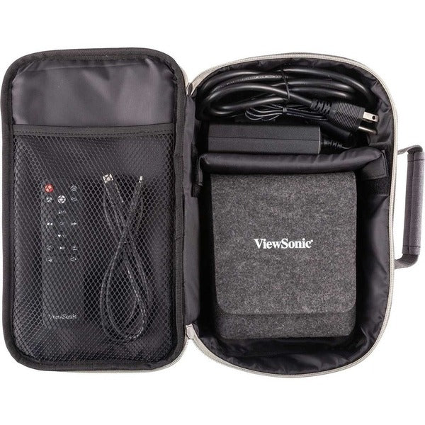 A gray travel bag with the ViewSonic Carrying Case Portable Projector on it.