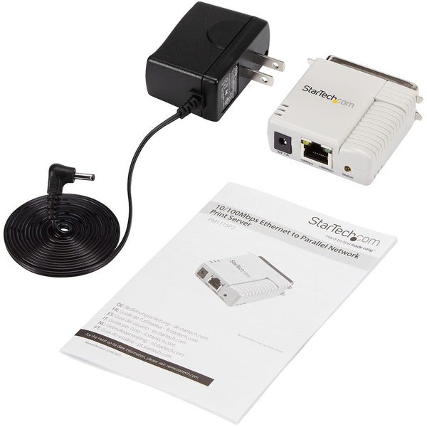 A StarTech.com 1 Port 10/100 Mbps Ethernet Parallel Network Print Server ethernet to ethernet adapter.