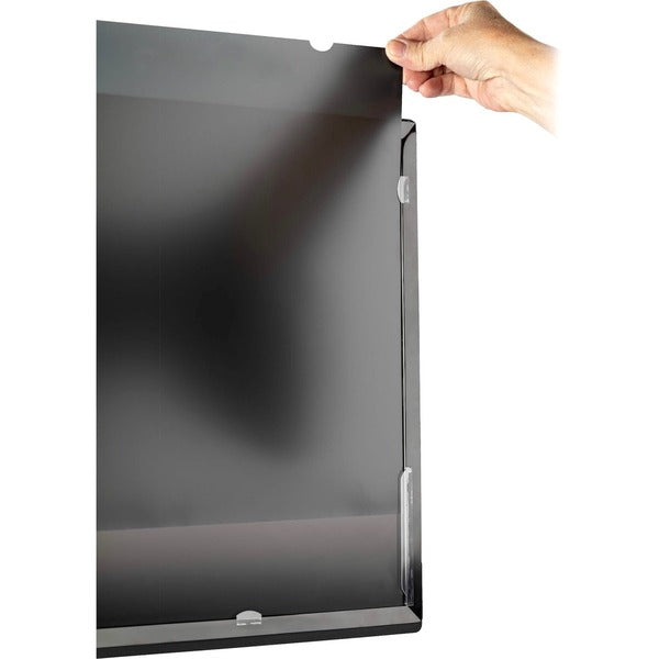A StarTech.com Monitor Privacy Screen for 19" Display - Widescreen Computer Monitor Security Filter - Blue Light Reducing Screen Protector with a black screen protected by a privacy screen.